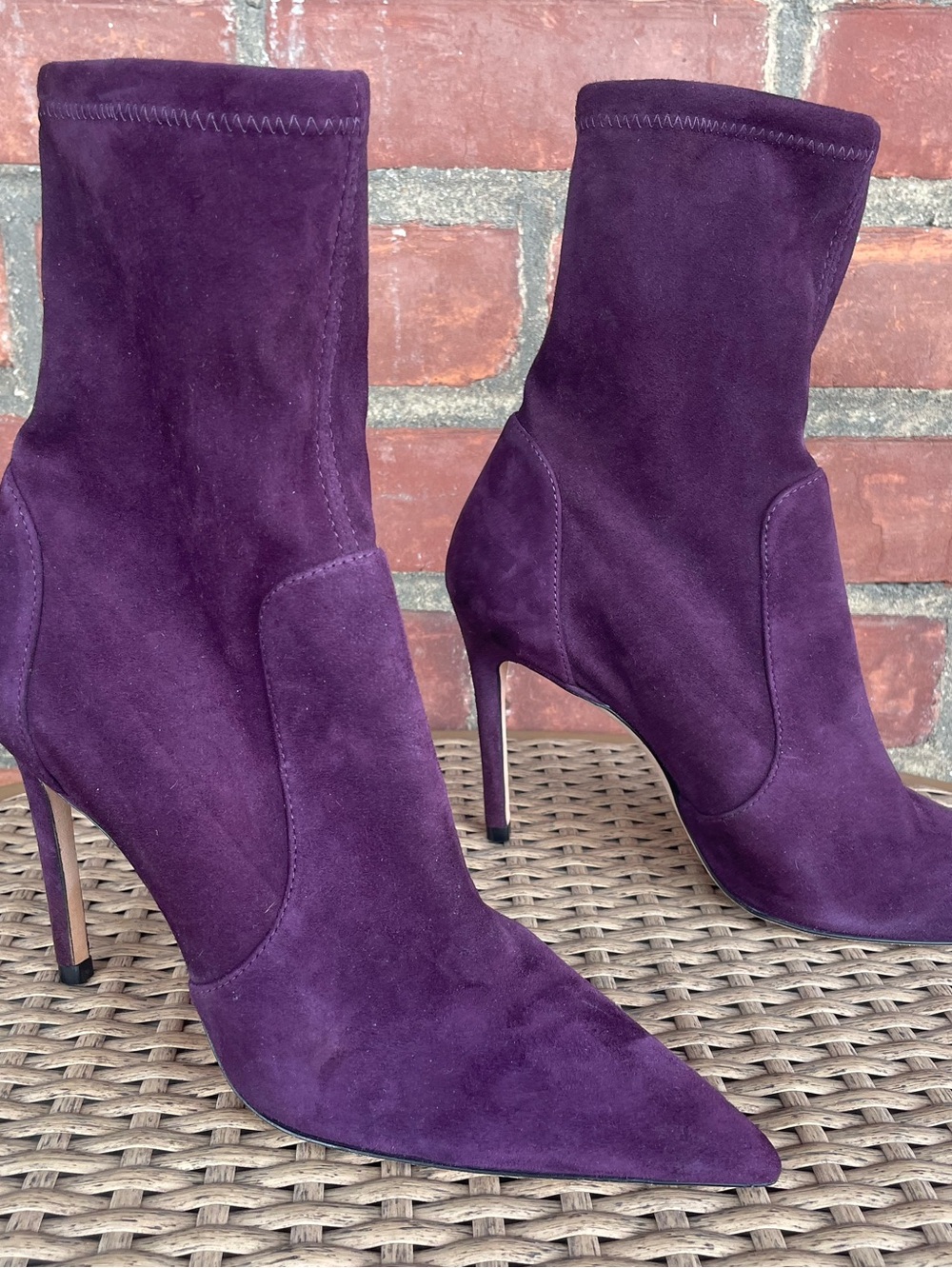 Stuart Weitzman Rapture 75 Purple Suede Sock Bootie Stiletto Heel Sz 5.5 NEW